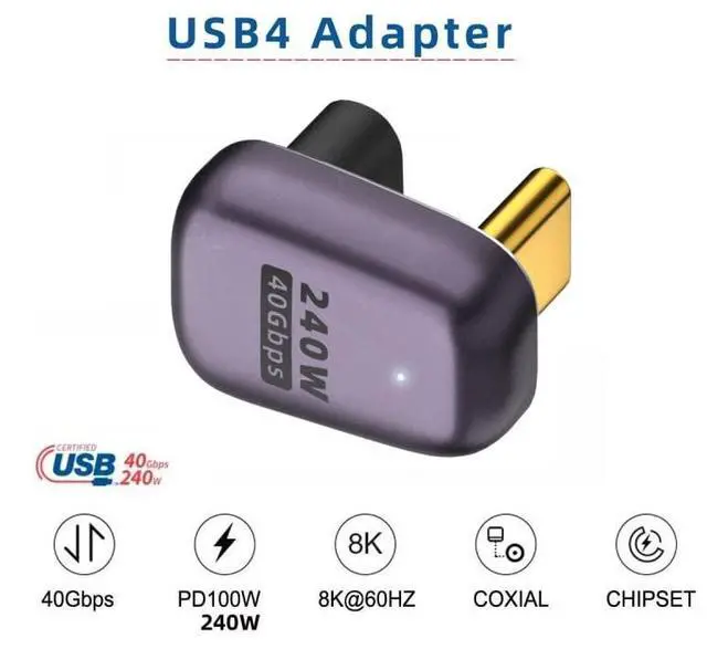 Alt view image 6 of 7 - Vszerda USB4 240W 40Gbps 8K 60Hz Adapter, Type C Male to Female 240W Power 40Gbps Data 8K Video Adapter for NS Phone Laptop (Male to Female Opposite U Shape Back Angled)