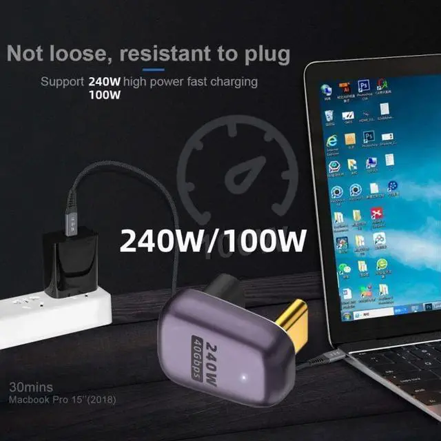 Alt view image 7 of 7 - Vszerda USB4 240W 40Gbps 8K 60Hz Adapter, Type C Male to Female 240W Power 40Gbps Data 8K Video Adapter for NS Phone Laptop (Male to Female Opposite U Shape Back Angled)