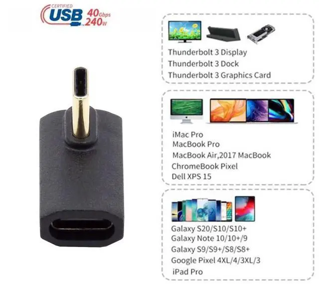 Alt view image 4 of 7 - Vszerda USB4 240W Power Extension 40 Gbps Type C Male to Female 8K Video Adapter Low Profile Angled for NS Phone Laptop