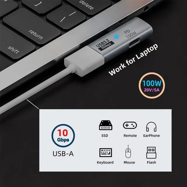 Alt view image 5 of 7 - Vszerda 2-in-1 USB-C Type-C to USB 3.0 Female Power Adapter with 100W Charging Port 10Gbps OTG Converter Laptop Tablet Phone