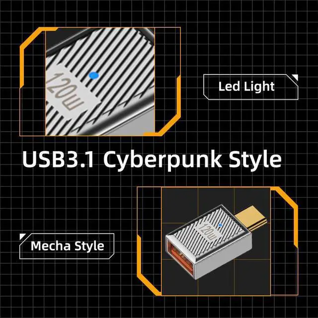 Alt view image 3 of 7 - Vszerda USB 3.1 Type C Male to USB 3.0 A Female Adapter 10Gbps Mecha Cyberpunk Styles USB-C OTG Data Converter Alloy Shell