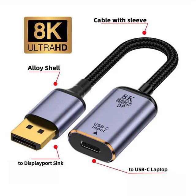 Alt view image 2 of 7 - Vszerda Type C Female USB-C 3.1 Source to Displayport DP 1.4 Sink HDTV Cable 8K@60hz 4K@120hz for Tablet Phone Laptop