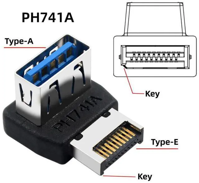 Alt view image 4 of 7 - Vszerda USB 3.1 Front Panel Header Adapter Type-E Male to Type-A USB3.0 Female Data Converter Up Angled 90 Degree for Motherboard