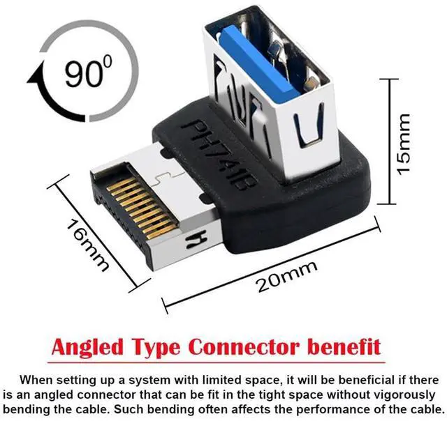 Alt view image 4 of 7 - Vszerda USB 3.1 Front Panel Header Adapter Male Type-E to Type-A USB3.0 Female Data Converter Down Angled 90 Degree for Motherboard
