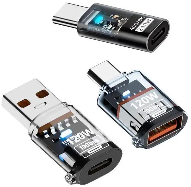 Main image of Vszerda 3pcs/Set USB-C Adapter Type-C Smart LED to USB3.2 Type-A Adapter OTG 10Gbps 40Gbps 120W 240W Data Fast Charging Tester Detector