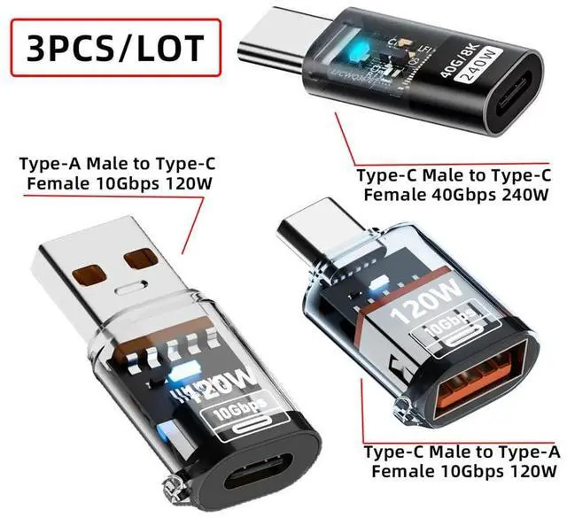 Alt view image 2 of 7 - Vszerda 3pcs/Set USB-C Adapter Type-C Smart LED to USB3.2 Type-A Adapter OTG 10Gbps 40Gbps 120W 240W Data Fast Charging Tester Detector