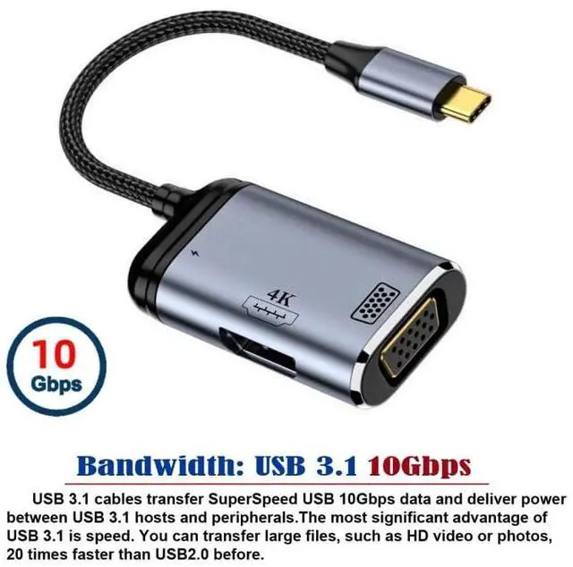 Alt view image 3 of 6 - Vszerda Type C USB3.1 USB-C to HDMI VGA Converter HDTV Multiport Displays Adapter 4K 60hz 1080p with Female PD 100W Power Port