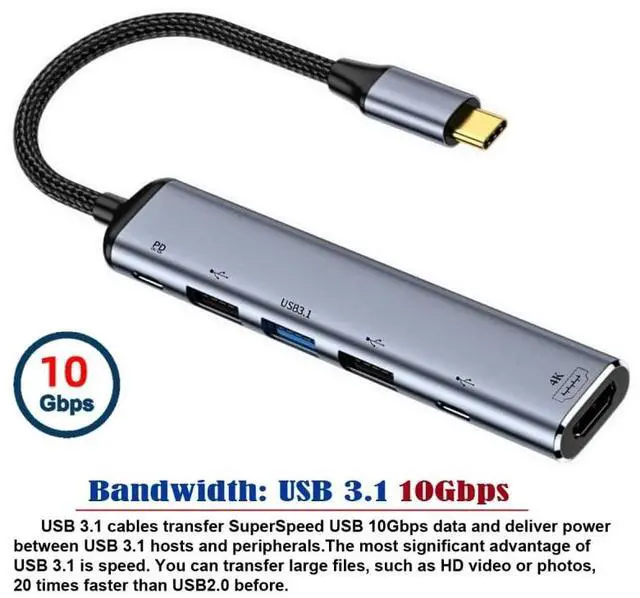 Alt view image 6 of 7 - Vszerda Type C USB3.1 USB-C to HDMI 4K Dual USB 3.0 HUB Converter HDTV Multiport Adapter 60hz with Female 100W PD Power Port