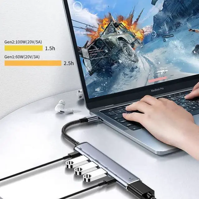 Alt view image 4 of 7 - Vszerda Type C USB3.1 USB-C to HDMI 4K Dual USB 3.0 HUB Converter HDTV Multiport Adapter 60hz with Female 100W PD Power Port