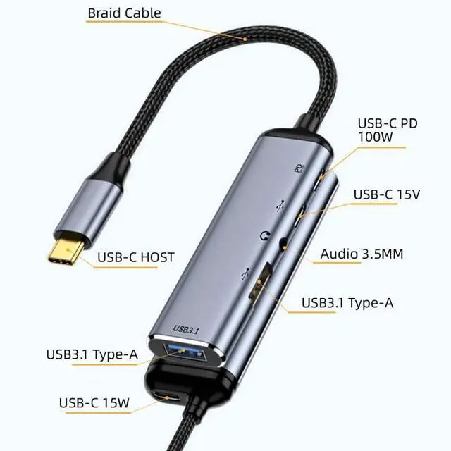 Alt view image 2 of 7 - Vszerda Type C USB-C to Audio 3.5MM Dual USB 3.0 HUB Converter Multiport Adapter with Female 100W PD Power Port