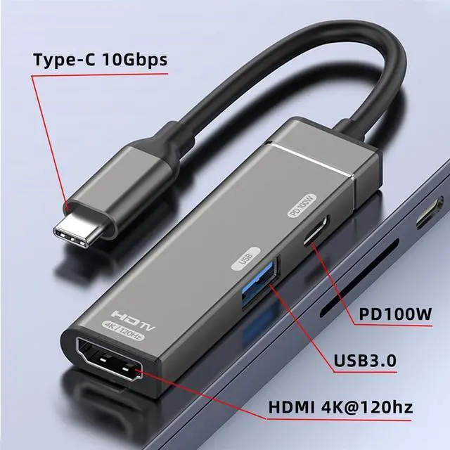 Alt view image 3 of 7 - Vszerda USB-C Type-C to HDMI Multiport Adapter 4K@120hz USB 3.0 OTG Converter HDTV with Female PD 100W Power Port