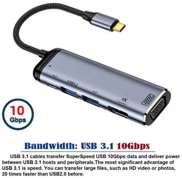 Alt view image 3 of 7 - Vszerda Type C USB3.1 USB-C to HDMI VGA Dual USB 3.0 HUB Converter HDTV Multiport Adapter 4K 60hz 1080p with Female PD 100W Power Port