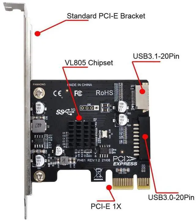 Alt view image 7 of 7 - Vszerda 5Gbps Type-E USB 3.1 Front Panel Socket & USB 2.0 to PCI-E 1X Express Card VL805 Adapter for Motherboard