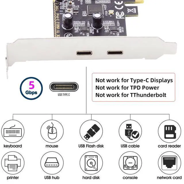 Alt view image 7 of 7 - Vszerda USB PCI-E Express 1x Card USB3.1 Gen1 5Gbps Dual Type-C USB-C Female to PCI-E Adapter ASM1042 with Low Profile Bracket