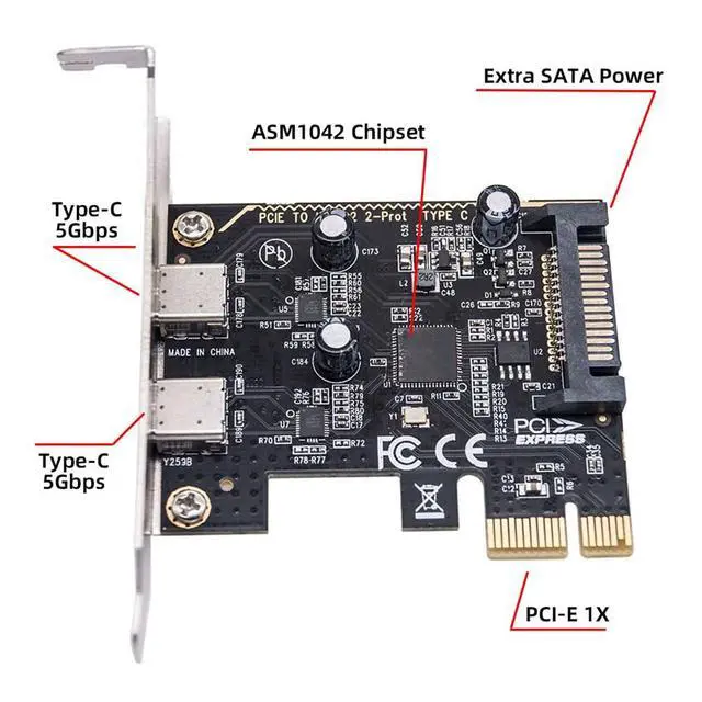 Alt view image 3 of 7 - Vszerda USB PCI-E Express 1x Card USB3.1 Gen1 5Gbps Dual Type-C USB-C Female to PCI-E Adapter ASM1042 with Low Profile Bracket