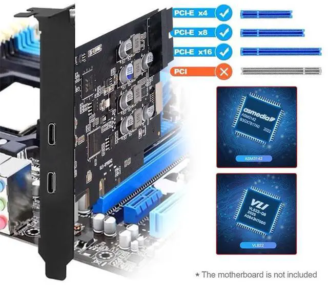 Alt view image 7 of 7 - Vszerda PCI-E Express Card to Type-E USB 3.1 Front Panel Socket & USB3.0 19Pin/20Pin & Dual USB-C Type-C Expainsion Adapter ASM3142 VL822
