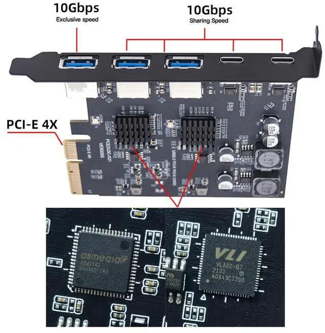 Alt view image 4 of 7 - Vszerda Superspeed 10Gbps PCIE USB Card PCI-E Express to Three Ports Type-A USB3.0 Back Panel Socket & Dual USB3.1 USB-C Type-C Expansion Adapter ASM3142 VL822