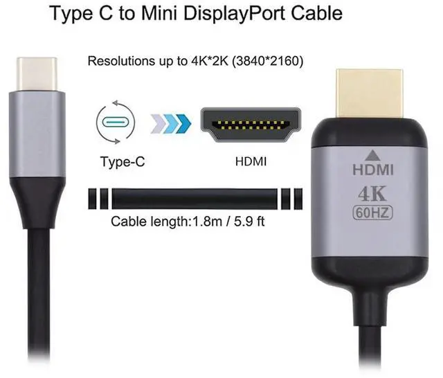 Alt view image 7 of 7 - Vszerda 1.8m USB 3.1 Type C USB-C Source to HDMI HDTV Displays Male 4K Monitor Cable for Laptop