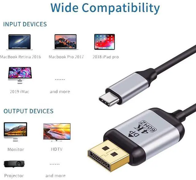 Alt view image 3 of 7 - Vszerda 1.8m USB 3.1 Type C USB-C Source to DisplayPort DP Displays Male 4K Monitor Cable for Laptop (USB-C to DP)