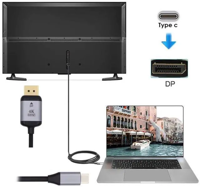 Alt view image 4 of 7 - Vszerda 1.8m USB 3.1 Type C USB-C Source to DisplayPort DP Displays Male 4K Monitor Cable for Laptop (USB-C to DP)