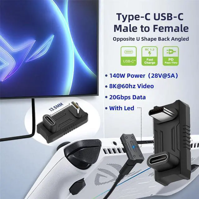 Alt view image 2 of 7 - Vszerda 20Gbps Opposite U Shape Back Angled USB3.1 Type C Male to Female Power Data Video Adapter Compatible with ROG Ally Steam Deck Phone NS Switch