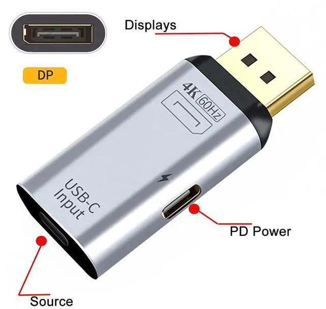 Alt view image 6 of 7 - Vszerda USB-C Type C Female Source to Displayport DP Sink HDTV & PD Power Adapter 4K 60hz 1080p for Phone & Laptop