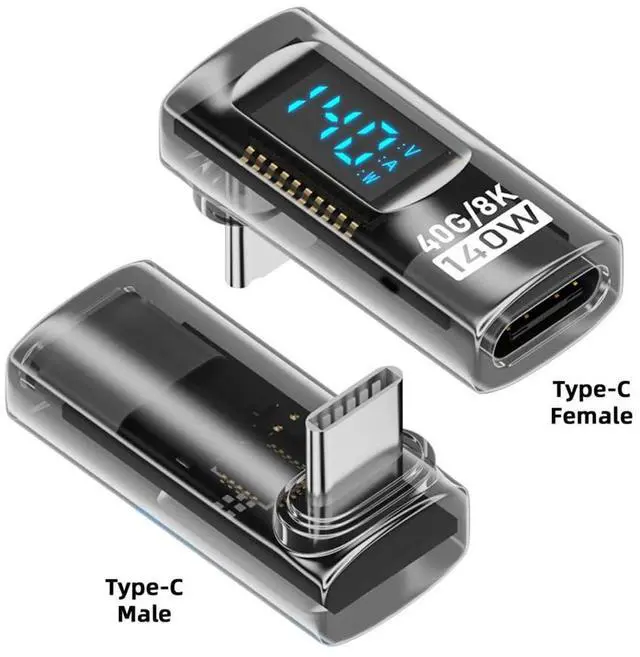 Alt view image 2 of 7 - Vszerda USB4.0 Type-C Digital Display USB-C Male to Female Up Down Angled 90 Degree Extension Adapter Transparent Shell 40Gbps 140W Current Voltage Monitoring Smart LED Display