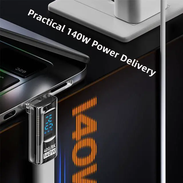 Alt view image 6 of 7 - Vszerda USB4.0 Type-C Digital Display USB-C Male to Female Up Down Angled 90 Degree Extension Adapter Transparent Shell 40Gbps 140W Current Voltage Monitoring Smart LED Display