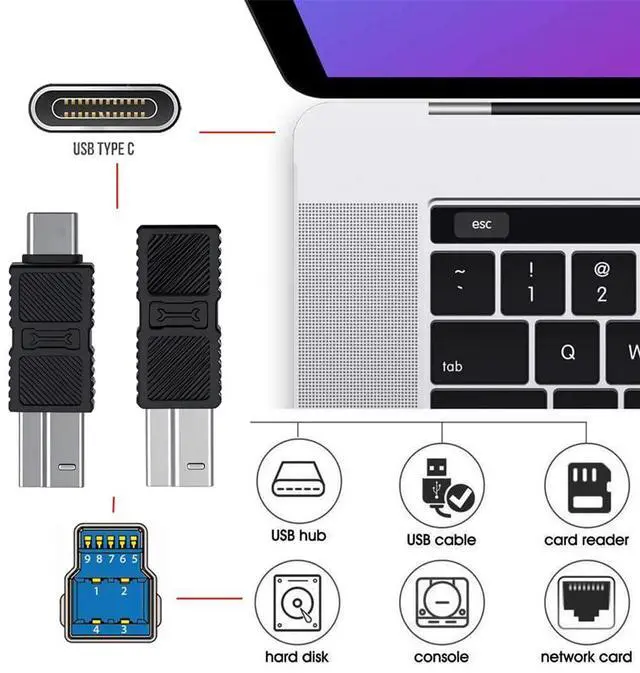 Alt view image 4 of 7 - Vszerda 2 Pack USB 3.0 Type-B Male to USB3.0 USB-C Male Female Printer Adapter Kit Data Extension Converter Plug 5Gbps for Disk SSD Camera Black