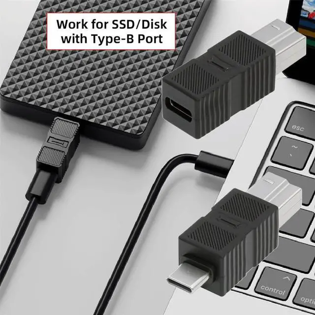 Alt view image 6 of 7 - Vszerda 2 Pack USB 3.0 Type-B Male to USB3.0 USB-C Male Female Printer Adapter Kit Data Extension Converter Plug 5Gbps for Disk SSD Camera Black