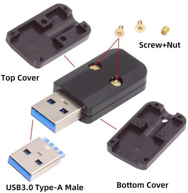 Alt view image 7 of 7 - Vszerda USB DIY Kit USB 3.0 Type-A Male Plug Connector Welding Solder Type Aluminum Alloy Shell Black Customization Replacement Repair for 6.0mm Cable