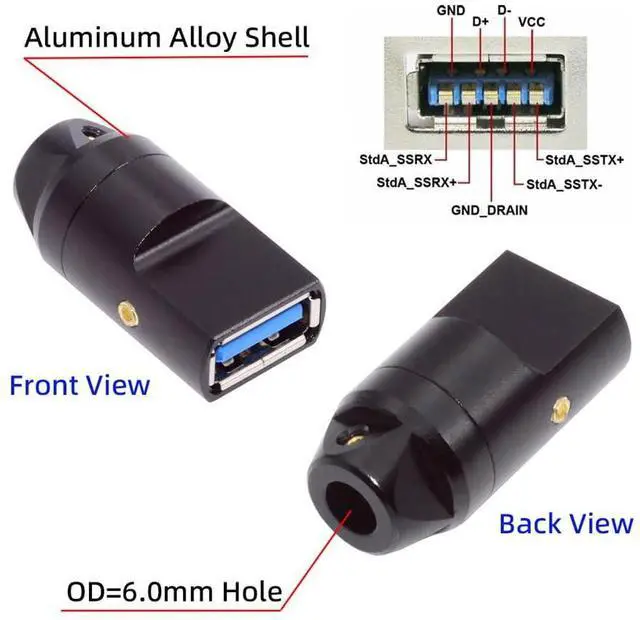 Alt view image 5 of 7 - Vszerda USB DIY Kit USB 3.0 Type-A Female Socket Receptacle Connector Welding Solder Type Aluminum Alloy Shell Black Customization Replacement Repair for 6.0mm Cable