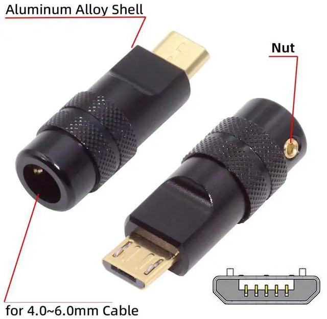 Alt view image 4 of 7 - Vszerda USB2.0 Plug Solder Connector Micro USB 5Pin Male Replacement Adapter with Aluminum Alloy Shell Black Customization for 4.0mm~6.0mm Cable