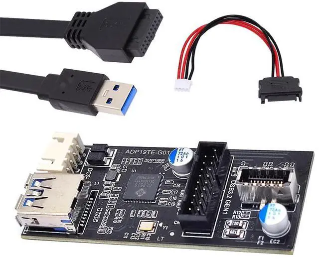 Main image of Vszerda USB 3.0 19/20Pin & Type-E Female Header Splitter to Dual Type-E & USB 3.0 20Pin Outputs, 5Gbps, Black, 11cm Cable, PC Adapter