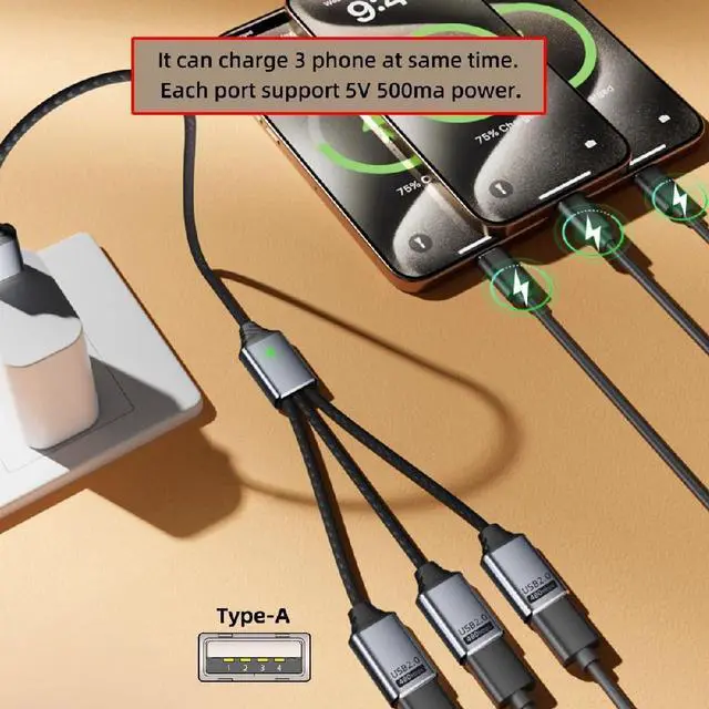 Alt view image 5 of 7 - Vszerda USB 2.0 Splitter Y Cable USB Type-A 1 to 3 Ports Hub Extension Cord Bus Power Split Adapter for Mouse Keyboard Printer Disk 27cm