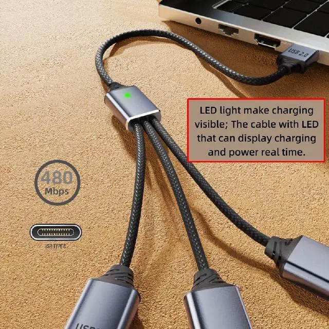 Alt view image 6 of 7 - Vszerda USB 2.0 USB-C Splitter Y Cable USB Type-C 1 to 3 Hub Cable Split Adapter for for Laptop Desktop Phone Mouse Keyboard Printer Disk 27CM