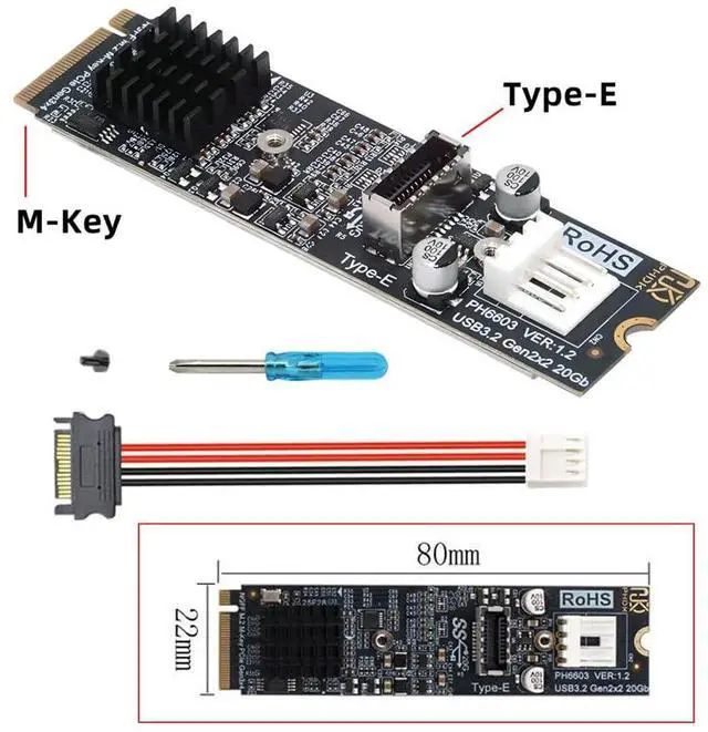 Alt view image 2 of 7 - Vszerda 20Gbps Type-E USB 3.1 Front Panel Socket to NGFF M-Key NVME Express Converter Card Adapter ASM3242 Chipset for Motherboard (NVME to USB3.1 Type-E)