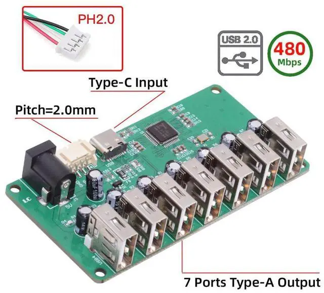 Alt view image 2 of 7 - Vszerda USB2.0 Type-C & 4Pin Pitch=2.0mm Wafer 1-to-7 Ports Type-A HUB Splitter PCBA Expansion Module Board PCs Multiport 4 Devices for Keyboard Mouse Scanner Printer