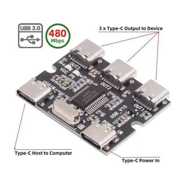Alt view image 2 of 7 - Vszerda USB-C 2.0 1-to-3 Three Ports HUB Splitter PCBA Expansion Module Board PCs Multiport 3 Devices Type-C for Keyboard Mouse Scanner Printer