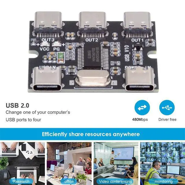 Alt view image 7 of 7 - Vszerda USB-C 2.0 1-to-3 Three Ports HUB Splitter PCBA Expansion Module Board PCs Multiport 3 Devices Type-C for Keyboard Mouse Scanner Printer