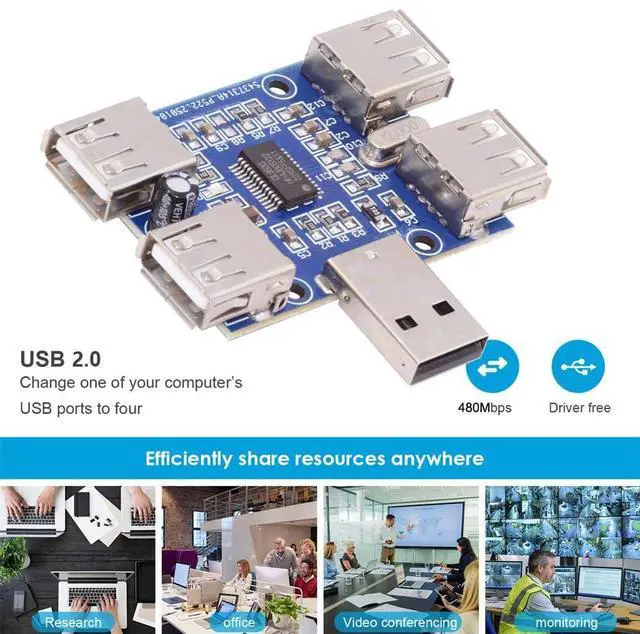 Alt view image 7 of 7 - Vszerda USB 2.0 1-to-4 Four Ports HUB Splitter PCBA Expansion Module Board PCs Multiport 4 Devices Type-A Adapter for Keyboard Mouse Scanner Printer