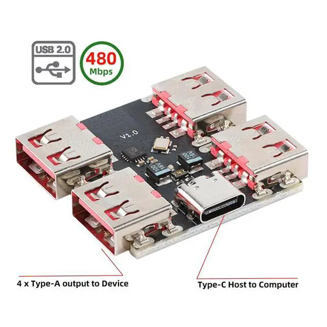 Alt view image 2 of 7 - Vszerda USB 2.0 1-to-4 Four Ports HUB Splitter PCBA Expansion Module Board PCs Multiport 4 Devices Type-C for Keyboard Mouse Scanner Printer