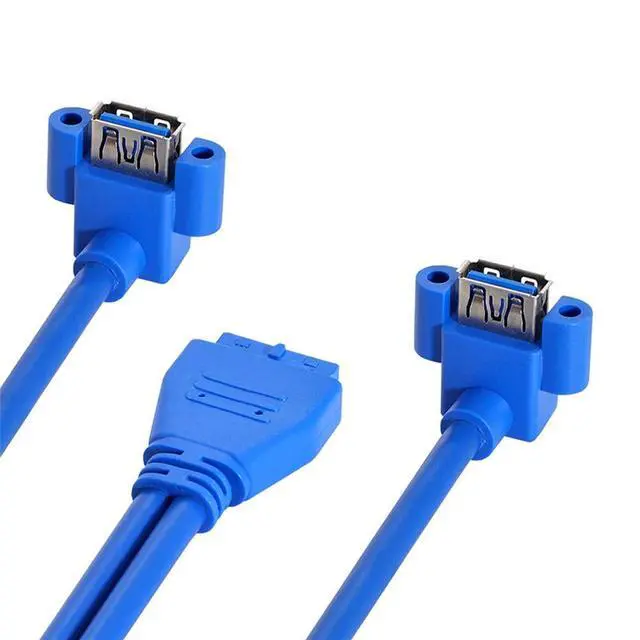 Alt view image 3 of 7 - Vszerda Up Angled USB 3.0 A Type Dual Female to Motherboard 20Pin 19 Pin Box Header Slot Panel Mount Cable (Blue 20P Up Angled 50cm)