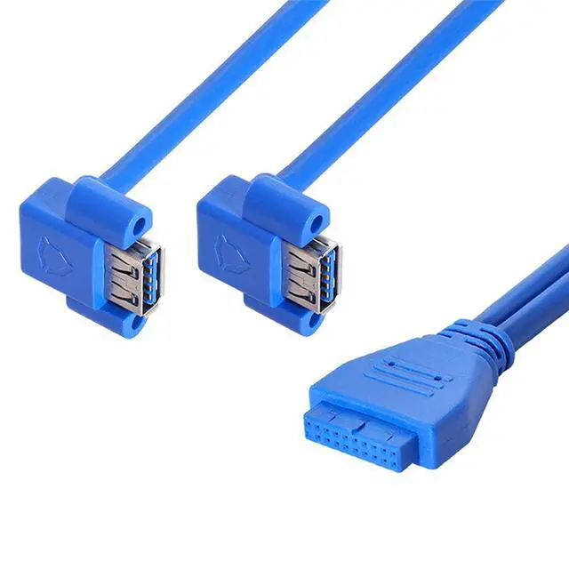 Alt view image 4 of 7 - Vszerda Up Angled USB 3.0 A Type Dual Female to Motherboard 20Pin 19 Pin Box Header Slot Panel Mount Cable (Blue 20P Up Angled 50cm)