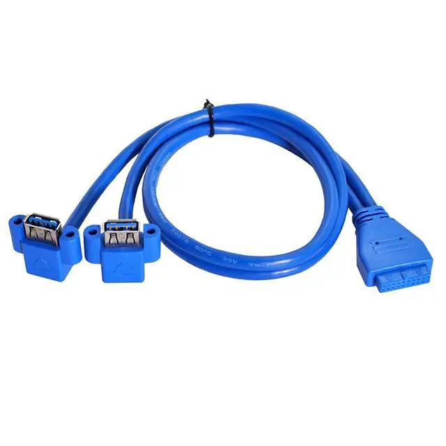 Alt view image 5 of 7 - Vszerda Up Angled USB 3.0 A Type Dual Female to Motherboard 20Pin 19 Pin Box Header Slot Panel Mount Cable (Blue 20P Up Angled 50cm)