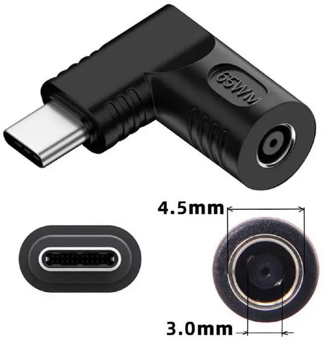 Alt view image 3 of 7 - Vszerda DC Jack 4.5x3.0mm Input to USB-C Adapter Type-C Connector Angled 90 Degree Power Plug Charge Adapter for Laptop Phone 65W