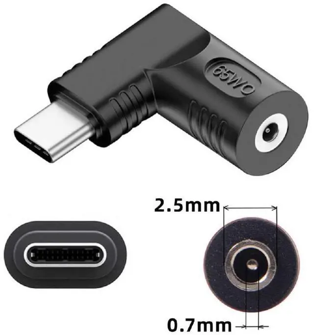 Alt view image 2 of 7 - Vszerda DC Jack 2.5x0.7mm Input to USB-C Adapter Type-C Connector Angled 90 Degree Power Plug Charge Adapter for Laptop Phone 65W
