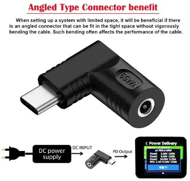 Alt view image 7 of 7 - Vszerda DC Jack 3.5x1.35mm Input to USB-C Adapter Type-C Connector Angled 90 Degree Power Plug Charge Adapter for Laptop Phone 65W