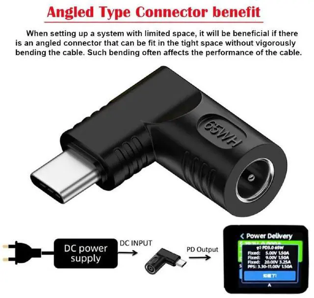 Alt view image 2 of 7 - Vszerda DC Jack 5.5x1.7mm Input to USB-C Adapter Type-C Connector Angled 90 Degree Power Plug Charge Adapter for Laptop Phone 65W