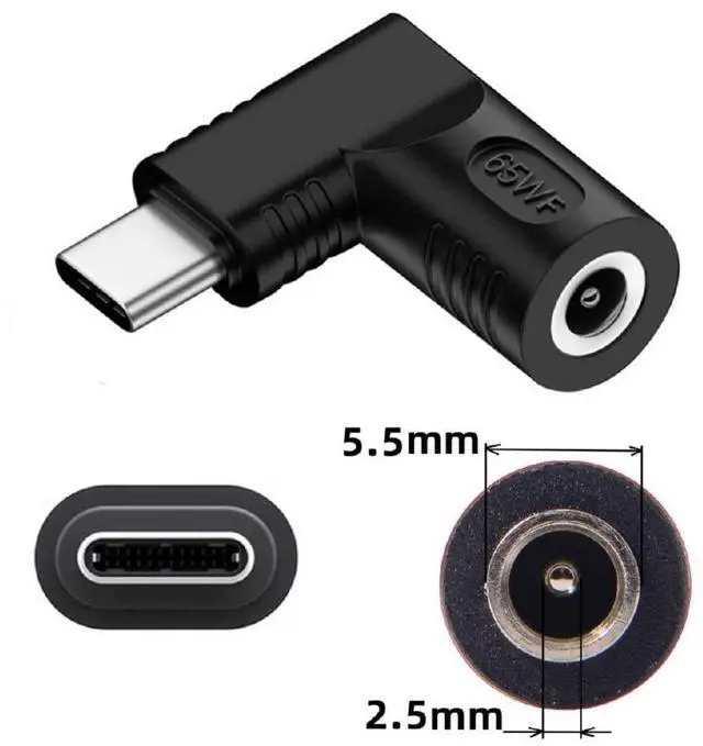 Alt view image 2 of 7 - Vszerda DC Jack 5.5x2.5mm Input to USB-C Adapter Type-C Connector Angled 90 Degree Power Plug Charge Adapter for Laptop Phone 65W